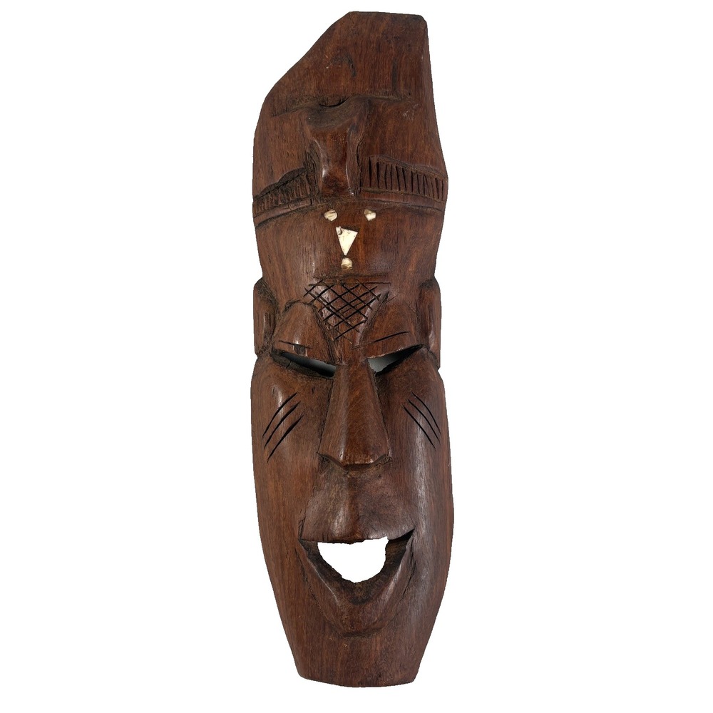 African Wood Mask Inlay Hand Carved Vtg Tribal Folk Art TIKI Style Hanging 13x4